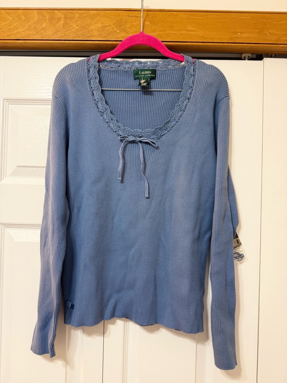 NWT Lauren Ralph Lauren Ribbed Knit Top – XL | Blue Lace Trim Long Sleeve